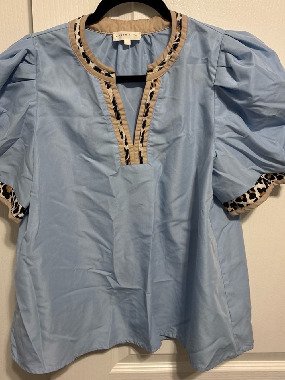 entro Light Blue Puff Sleeve Top with Leopard-Trim Neckline